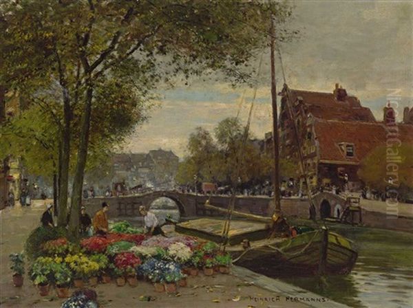 Browersgracht In Amsterdam. Lebhaftes Treiben Um Einen Blumenmarkt Oil Painting by Heinrich Hermanns