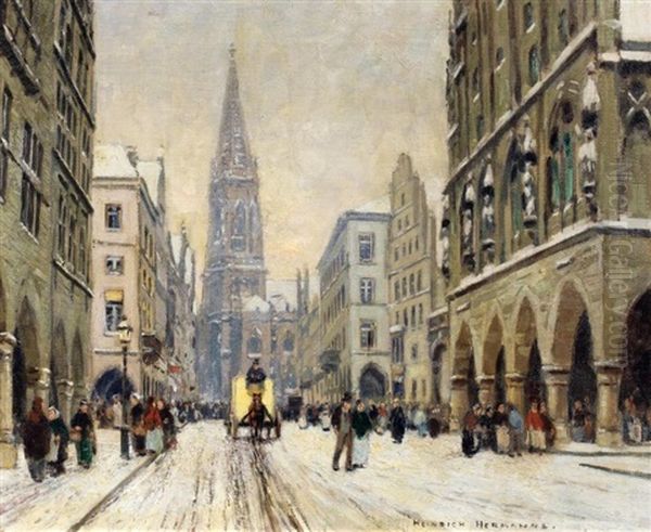 Munster -der Prinzipalmarkt Im Winter Oil Painting by Heinrich Hermanns