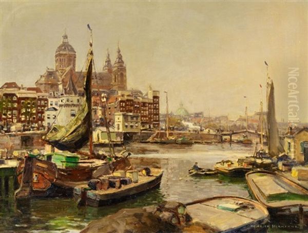 Im Hafen Von Amsterdam Mit Der Sint-nicolaaskerk Oil Painting by Heinrich Hermanns