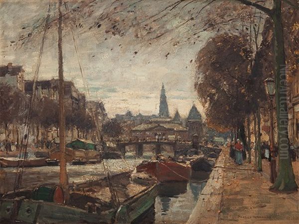 Amsterdam Gracht Oil Painting by Heinrich Hermanns