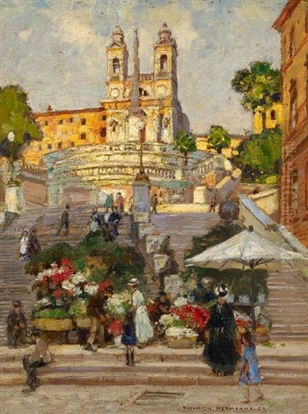 Blumenmarkt An Der Spanischen Treppe In Rom Oil Painting by Heinrich Hermanns