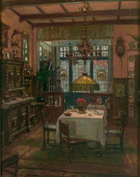 Winterdammerstunde. Reich Ausgestattetes Historismus-interieur Mit Gedecktem Tisch Vor Bleiverglastem Fenster Oil Painting by Heinrich Hermanns