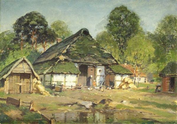 Bauernhaus In Sommerlandschaft, Mit Figuren- Und Tierstaffage Oil Painting by Heinrich Hermanns