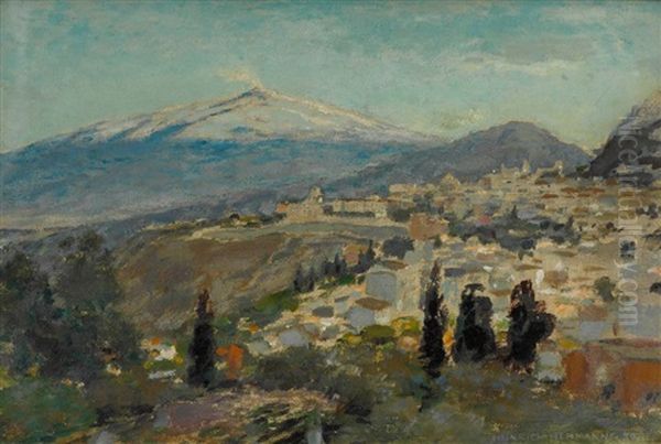 Blick Von Taormina Auf Den Atna Oil Painting by Heinrich Hermanns