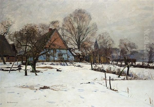 Winter Am Hof Oil Painting by Heinrich Hermanns