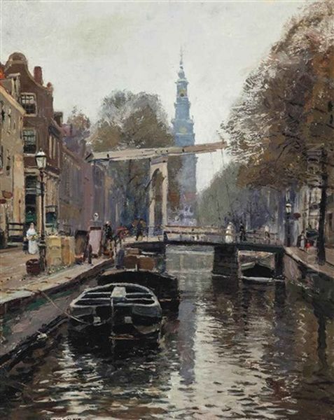 An Amsterdam Canal Oil Painting by Heinrich Hermanns