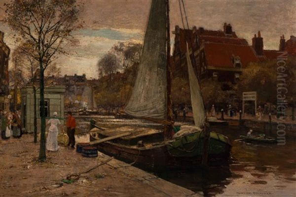 The Unloading Of A Moored Barge In The Town Centre Oil Painting by Heinrich Hermanns