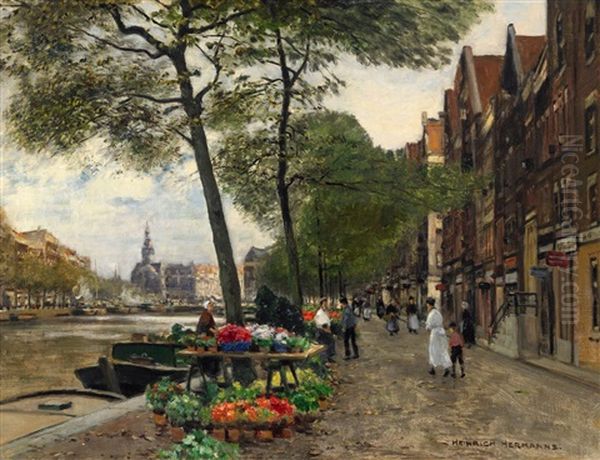 Blumenmarkt An Einer Gracht In Amsterdam Oil Painting by Heinrich Hermanns