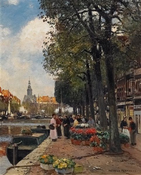 Blumenmarkt Am Kai Von Amsterdam Oil Painting by Heinrich Hermanns