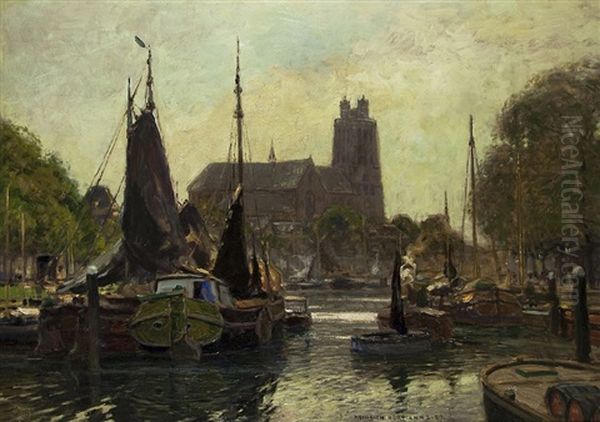 Morgen Im Hafen Von Dordrecht Oil Painting by Heinrich Hermanns