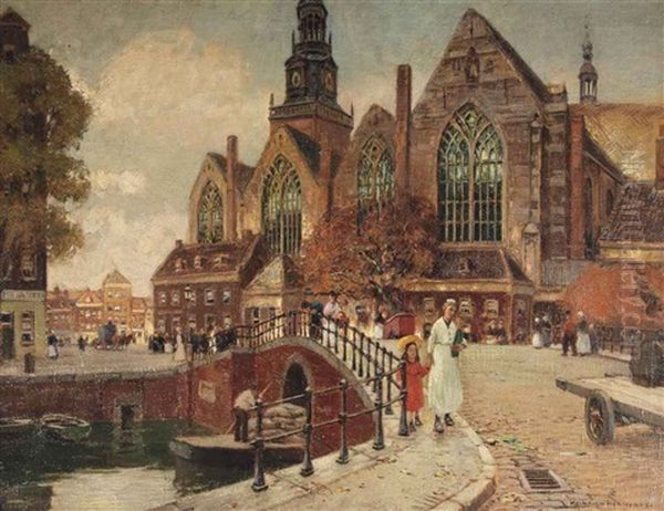 The Oude Kerk Seen From The Oudezijds Voorburgwal, Amsterdam Oil Painting by Heinrich Hermanns