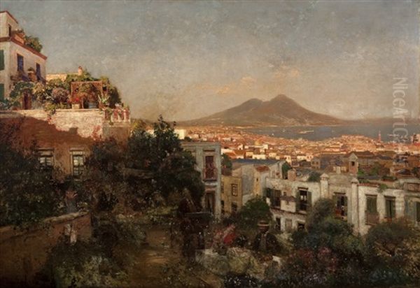 A Festive Afternoon With A View Over Naples Oil Painting by Heinrich Hermanns