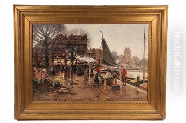 Dutch Harbor Marketplace Oil Painting by Heinrich Hermanns