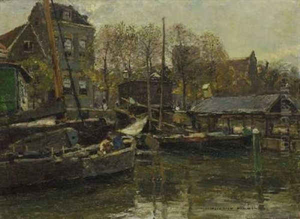 Anlegestelle An Einer Hollandischen Gracht Oil Painting by Heinrich Hermanns