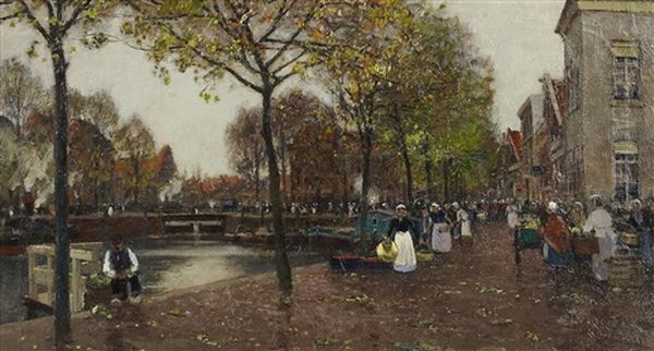 Markttag An Einer Gracht In Holland Oil Painting by Heinrich Hermanns