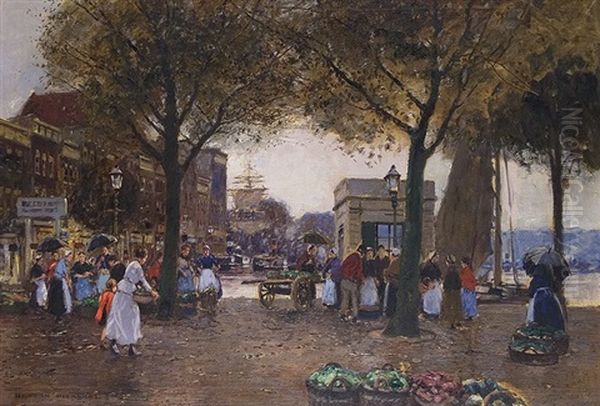 Marketplace In Amsterdam Oil Painting by Heinrich Hermanns