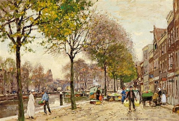 Blumenmarkt In Dordrecht Oil Painting by Heinrich Hermanns