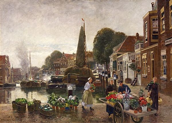 Blumenmarkt Am Hafen Von Dordrecht Oil Painting by Heinrich Hermanns