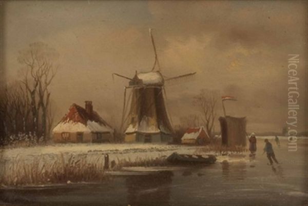 Winterlandschaft Mit Muhlen Und Eislaufern Oil Painting by Heinrich Hermanns