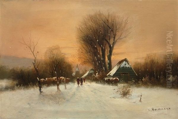 Abendlicher Kirchgang Oil Painting by Heinrich Hermanns