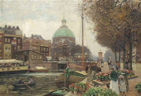 Blumenmarkt An Der Anlegestelle Einer Hollandischen Gracht Oil Painting by Heinrich Hermanns