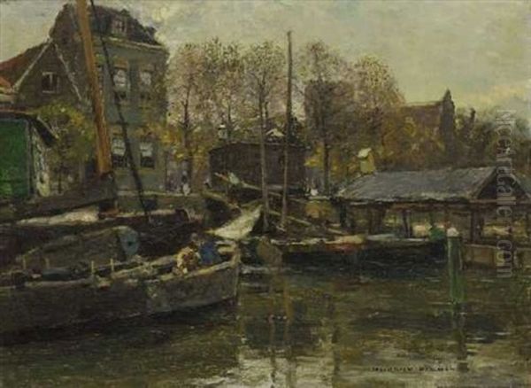 Anlegestelle An Einer Hollandischen Gracht Oil Painting by Heinrich Hermanns