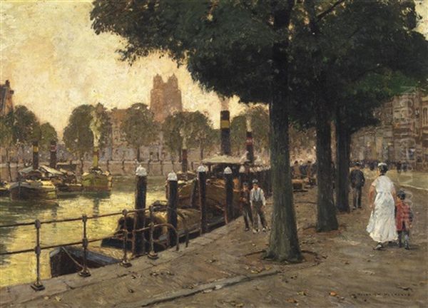 Promenade An Einer Hollandischen Gracht. Amsterdam(?) Oil Painting by Heinrich Hermanns