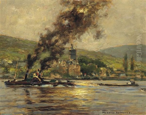 Schleppkahn Auf Dem Rhein Oil Painting by Heinrich Hermanns