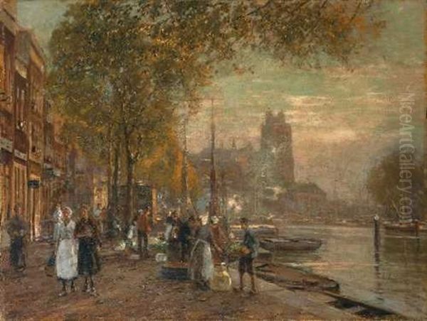 Strassenszene In Amsterdam Oil Painting by Heinrich Hermanns