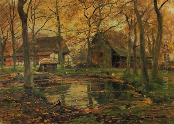 Stiller Herbsttag. Federvieh An Kleinem Teich Vor Fachwerkkaten Oil Painting by Heinrich Hermanns