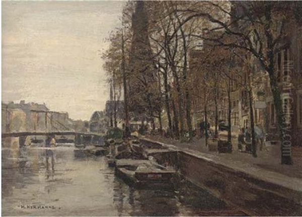 Figures Walking Beside A Canal, Amsterdam Oil Painting by Heinrich Hermanns