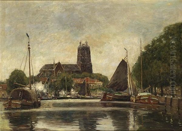 Moored Boats In The Harbour Of Dordrecht Oil Painting by Heinrich Hermanns