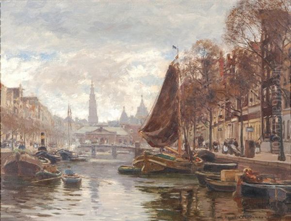 Amsterdam - Blick Von Der Gelderse Kade Zum Nieuwmarkt, Im Hintergrund Die Zuiderkerk Und Der Waaggebouw Oil Painting by Heinrich Hermanns