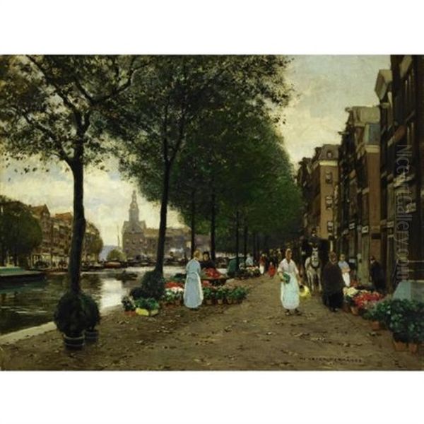 A Flower Market In Amsterdam Oil Painting by Heinrich Hermanns