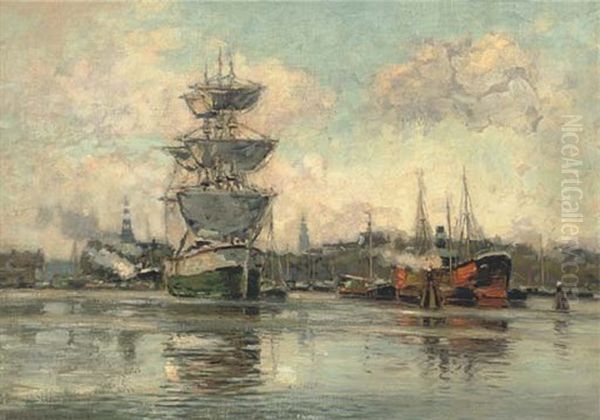 Shipping At Dusseldorf Oil Painting by Heinrich Hermanns