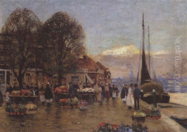 Blumenmarkt In Alt-delft Oil Painting by Heinrich Hermanns