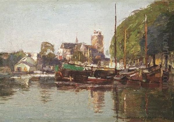 Im Hafen Von Dordrecht. Boote In Der Morgensonne Oil Painting by Heinrich Hermanns