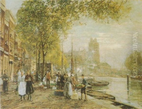 Strassenszene In Amsterdam Oil Painting by Heinrich Hermanns