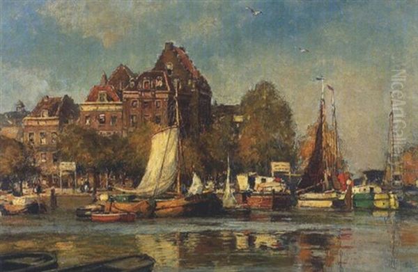 Hauserzeile An Einem Kanal In Niederlandischer Stadt (dordrecht?) Oil Painting by Heinrich Hermanns