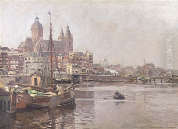 A View Of The Prins Hendrikkade And The St. Nicolaas Church, Amsterdam Oil Painting by Heinrich Hermanns