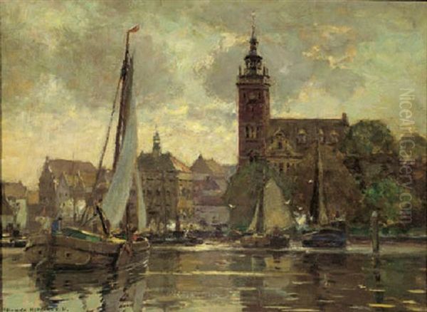 A View Of A Town With Boats In The Harbour, Northern Germany (?) Oil Painting by Heinrich Hermanns