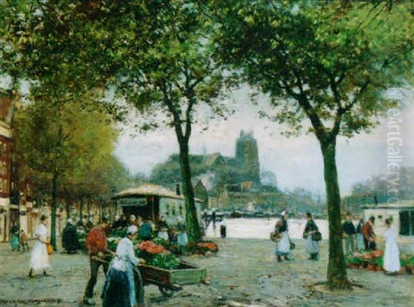 Market Stalls On A Quay Oil Painting by Heinrich Hermanns