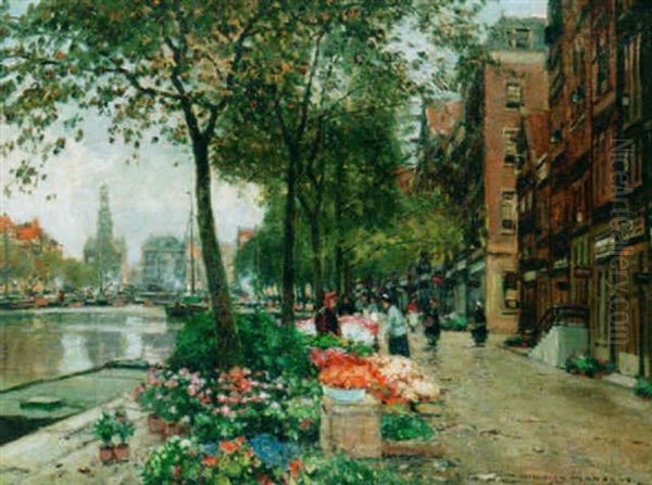 The Flower Market With The Munt Tower, Amsterdam Oil Painting by Heinrich Hermanns