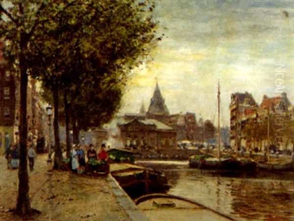 Fischmarkt In Amsterdam Oil Painting by Heinrich Hermanns