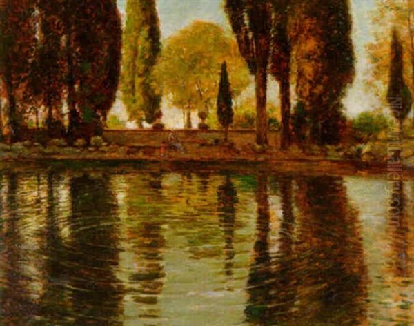 Blick Uber Einen Teich In Parklandschaft Oil Painting by Heinrich Hermanns