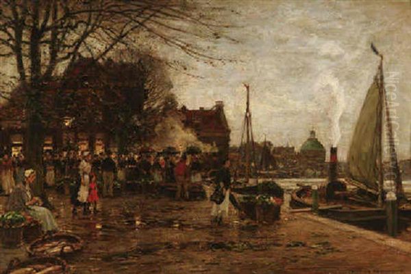 Gemusemarkt An Einem Kanal In Amsterdam Oil Painting by Heinrich Hermanns