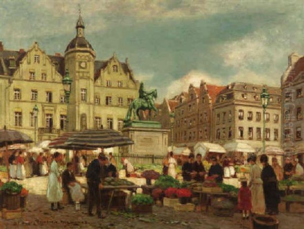 Markttag Vor Dem Rathaus In Dusseldorf Oil Painting by Heinrich Hermanns