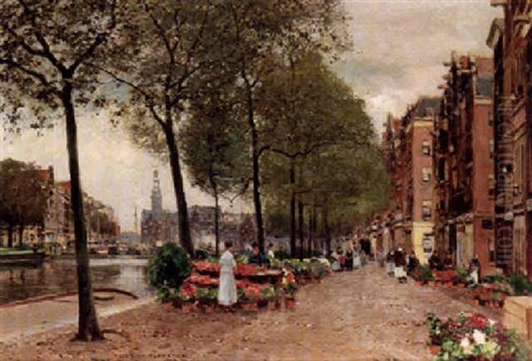 Blomstermarknad I Amsterdam Oil Painting by Heinrich Hermanns