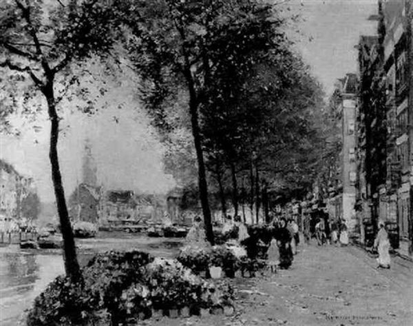 Blumenmarkt An Der Gracht Oil Painting by Heinrich Hermanns