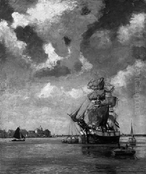 Ankernder Dreimaster Vor Einem Hollandischen Hafen Oil Painting by Heinrich Hermanns